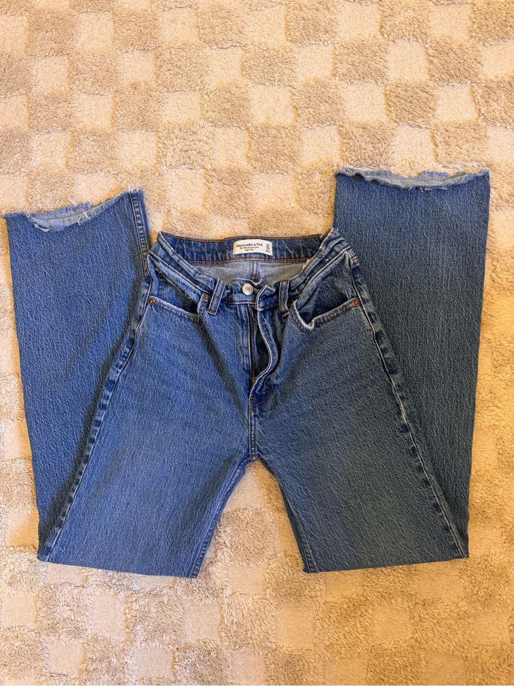 Abercrombie & Fitch 90s High Rise Straight Leg Jeans Raw Hem Blue Denim